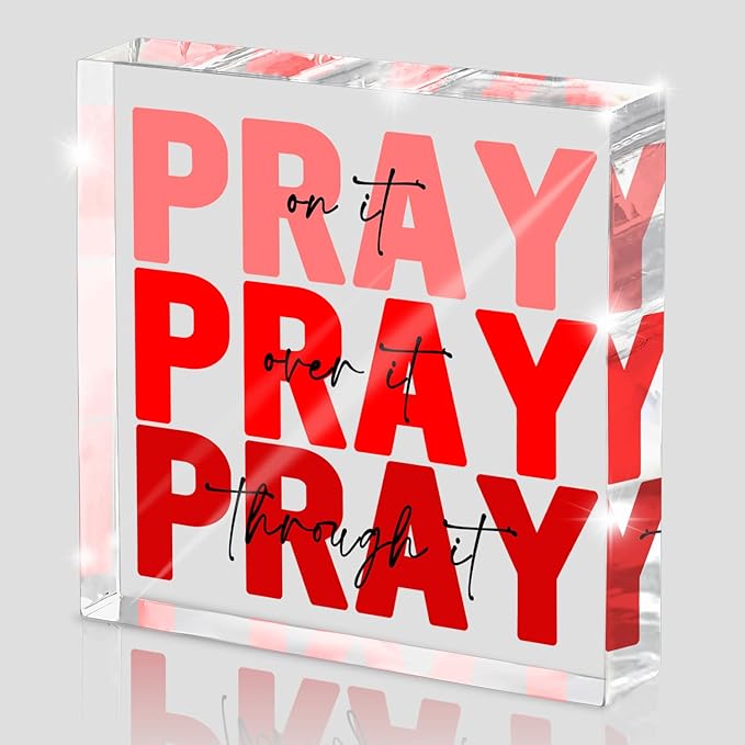 Red Dorm Room Decor for Women, Ideal Christian Gifts for Women - Pray On It,Pray Over It - Bible Verse Desk Art, Inspirational Decor, Desk Decorations for Office, 4 x 4 inches（Red）
