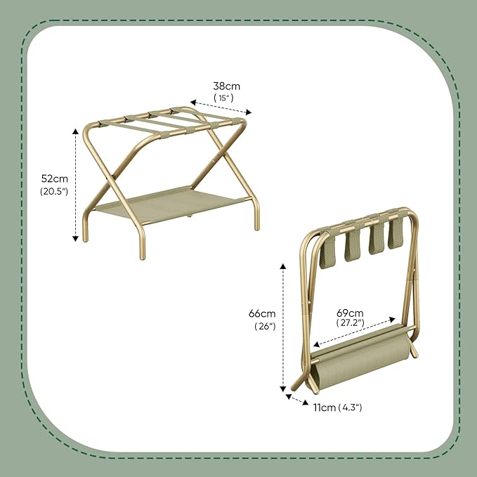 Luggage Rack for Guest Room, Folding Suitcase Stand with Shoe Shelf, Easy Assembly, Portable, Hold up to 110 lb, Gold, 1 Pack