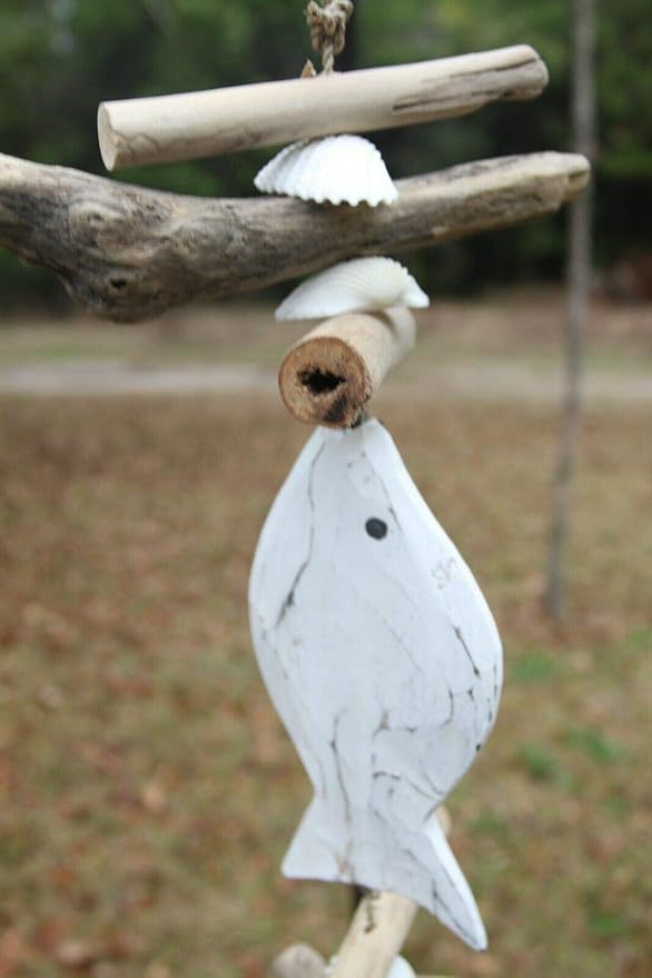 Natural Driftwood Beach Mobile, Coastal Wood Sea Turtle Fish - Beach Gems - 6 mobiles