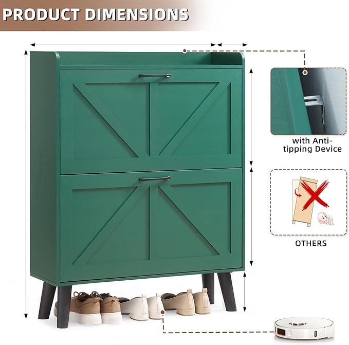 LEYAOYAO Shoe Storage Cabinet with 2 Flip Drawers，Narrow Shoe Storage Cabinet Organizer with Legs for Entryway Hallway, Living Room, Bedroom，Hidden Slim Storage Narrow Shoe Rack Cabinet,Green