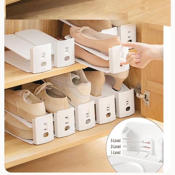 Shoe Slots Organizer 10 Pack - Shoe Stackers, Space Savers 50%, 3 Levels Adjustable, Double Layer Holders for Closet, Space Saver for Entryway,White