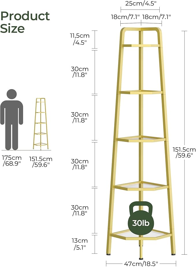 CHOEZON 5-Tier Corner Shelf, 59.6” Corner Storage Stand, Floorstanding Dispaly Rack, Tempered Glass Corner Bookshelf, Open Plant Stand, for Living Room, Bedroom, Study, Bathroom, Gold TCJ21GJ