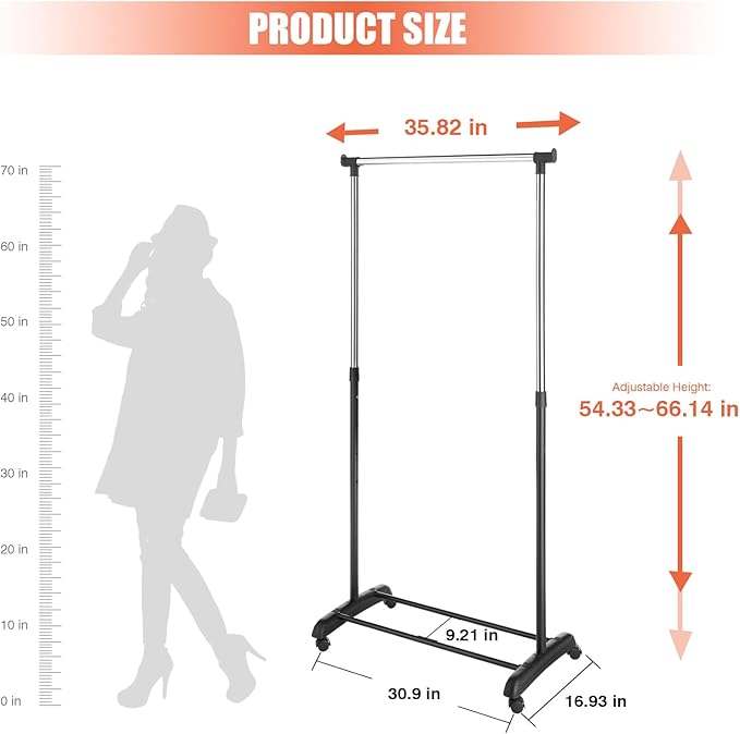 Whitmor Heavy Duty Adjustable Garment Rack-Rolling Clothes Organizer, Black and Chrome