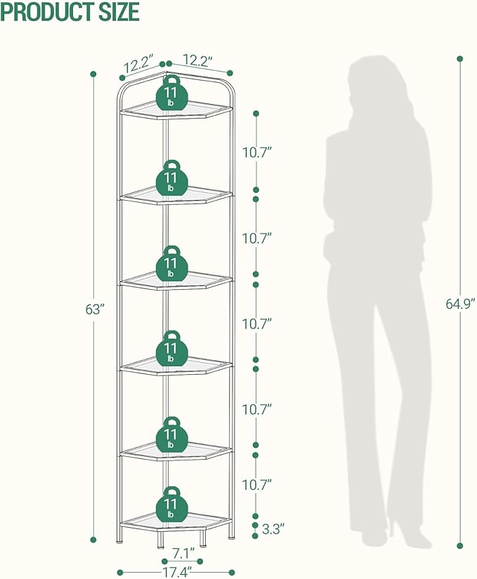 Hzuaneri Corner Shelf Stand, 6-Tier Glass Bookshelf Bookcase, Bathroom Organizer, Plant Stand, Steel Frame, Tempered Glass, Modern Style for Living Room, Bathroom, Kitchen, Golden CS90600G