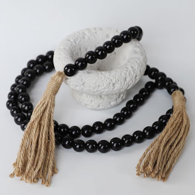 Boho Decor Wood Beads Garland Farmhouse Wall Hanging Decorations Natural Wooden Bead Tassel Decorative for Coffee Table Christmas and Prayer (Black, 58")