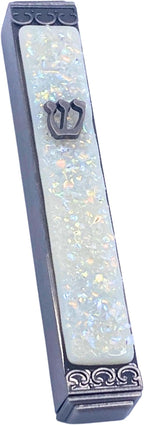 Sparkling Art Glass Mezuzah - Easy Mount Indoor or Outdoor - Weatherproof Metal Case - Gift Box and Non-Kosher Scroll Included - Hand Made in USA - Guaranteed for Life! (Opal Ivory)