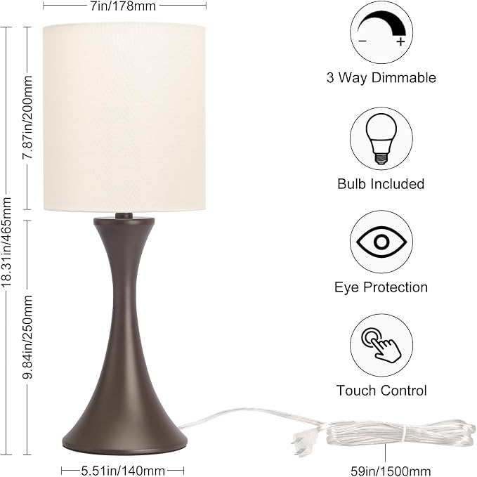 3 Way Touch Control Table Lamp, Modern Bedside Lamp Dimmable Nightstand Lamp with Beige Shade and Dark Brown Base, Small Desk Lamp for Living Room, Dorm, Home Office, 9W LED Bulb Included