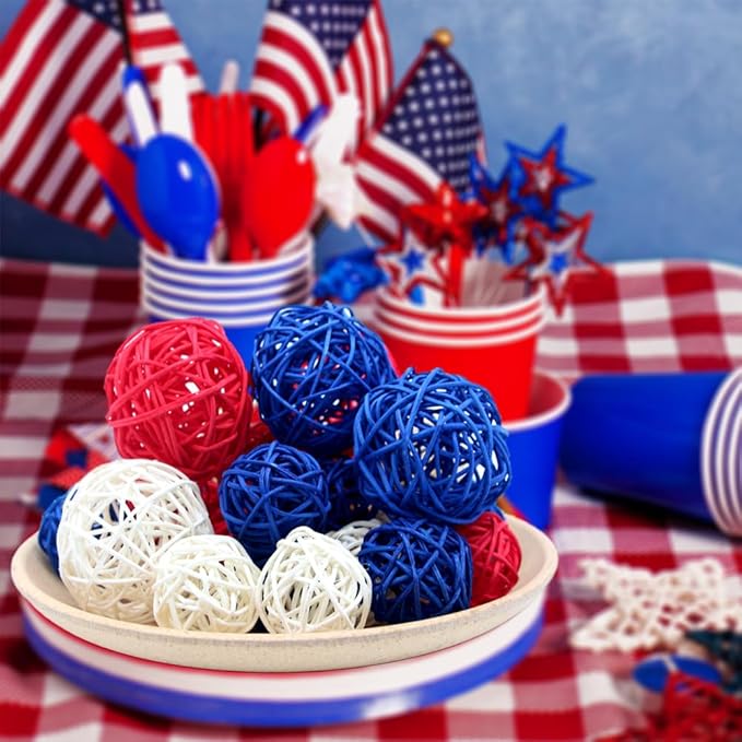 Qingbei Rina 4th of July Wicker Rattan Balls,Independence Day Decorative Balls for Bowls,Vase Filler for Centerpieces,Red White Blue Bowl Fillers for Home Decor,Memorial Day 20 PCS
