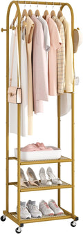 Heavy Duty Clothing Rack with Wheels,Modern Garment Rack with 3 Metal Shelves, 71.8Inches Display Rack for Hanging Clothes, Hanging Rod for Small Space,Gold