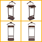 Clothes Valet Stand, Freestanding Wood Suit Stand w/ Drawer & Compartment, Contour Hanger, Trouser Bar, Belt Hooks, Shoe & Accessory Storage Rack for Home, Hotel, Office, 17.32*11.81*44.09in Walnut