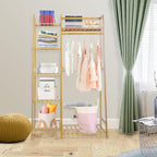 Bamboo Clothes Rack with 7 Tier Storage Shelves Clothing Hanging Stand for Small Spaces Children's Wardrobe Closet, Multifunctional Plant Stand