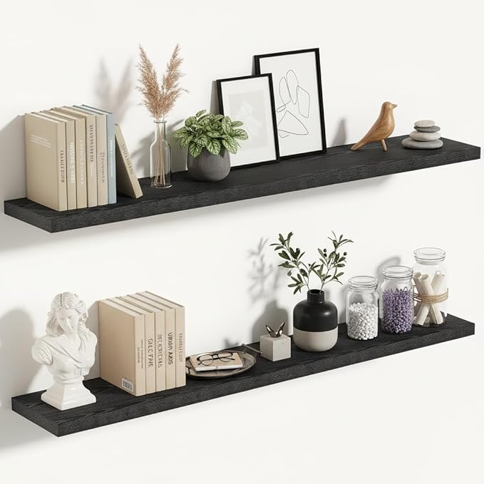 Vivelove 48 Inches Floating Shelves Wall Mounted, 10" Deep Wall Shelves for Bedroom, Bathroom, Living Room, Kitchen, Office, Home Decor, Modern Shelf, Set of 2, Black, 48x10.2x1.5