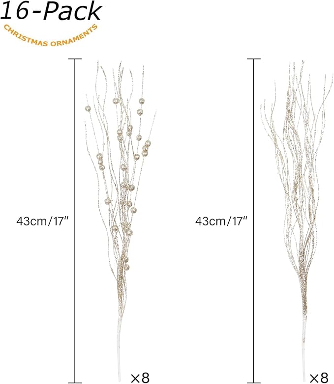 SLK 16-Pack Artificial Glitter Berry Stem Ornaments, Christmas Decorative Glittery Twigs, Picks, Branches for Tree, Wreath, Small Vase, Halloween Party (Champagne Gold)