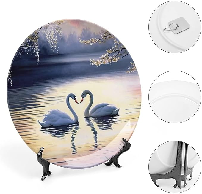 Decorative Plates, Sunset Couple Swans Lake with Tree Painting Ceramic Dinner Plate Home Wobble-Plate with Display Stand, Wall Hanging Decor for Living Dining Room Kitchen Household 6 Inch