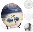 Decorative Plates for Home, Sunset Couple Swans Lake With Tree Painting Tray for Table Display, Ceramic Dinner Plate W/Stand, Living Room Dining Room, Housewarming Gifts, 7 Inch