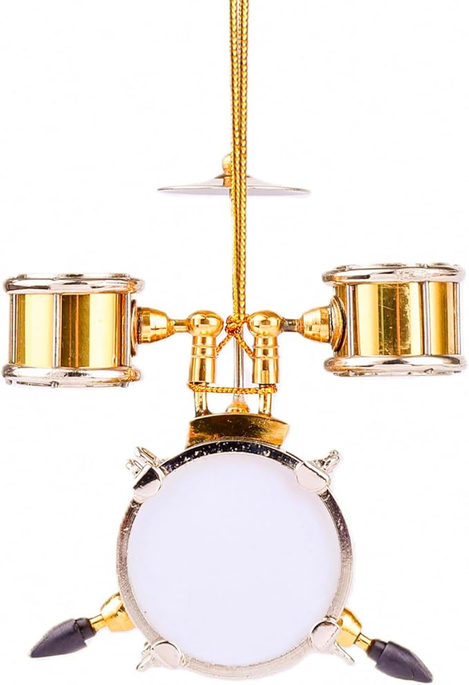 2.99" String Miniature Drum Set Hanging Ornament Brass Mini Musical Instrument Replica Music Birthday Gifts Holiday Tree Home Decoration Display Ornament Model (2.99", Drum)