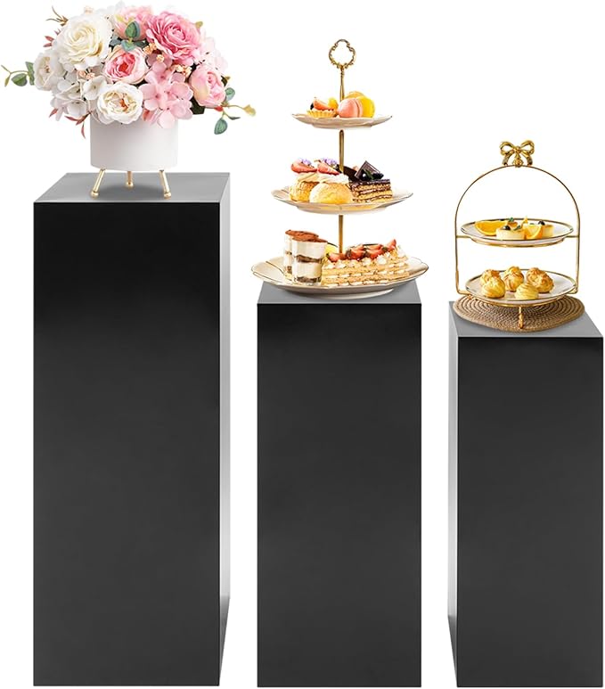 3Pcs Square Display Pedestal Stands Set for Party, Metal Display Stand Plinth Pillars, Cake Stands Pillars for Wedding Birthday Art Decor Risers, 11.8*31.5" (L), 11.02*25.6" (M), 10.24*23.6" (S)