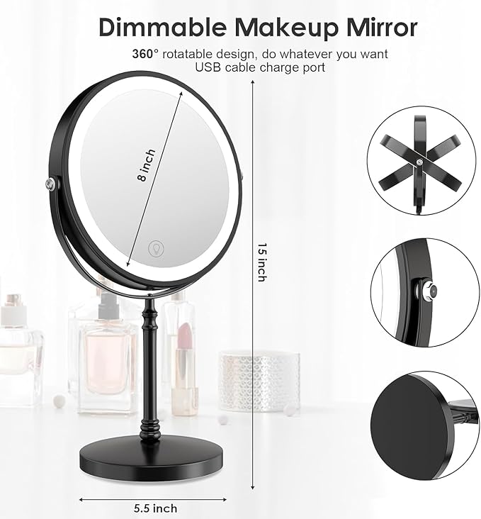 DEIOVWXS Makeup Mirror, 3000mAh Rechargeable Double-Sided Magnifying Vanity Mirror with 3 Colors, 1X/10X, Adjustable Brightness, Gifts for Mom, Mothers Day, Women, Wife, Girls, Dorm Room Essential