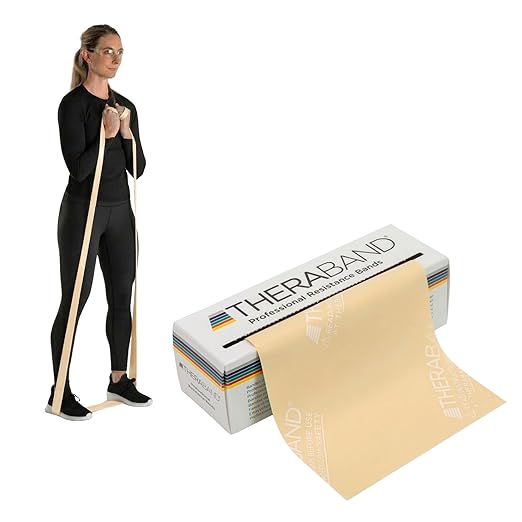 THERABAND Resistance Bands, 6 Yard Roll Professional Latex Elastic Band For Upper Body, Lower Body, & Core Exercise, Physical Therapy, Pilates, Home Workouts, & Rehab, Tan, Extra Thin, Level 1