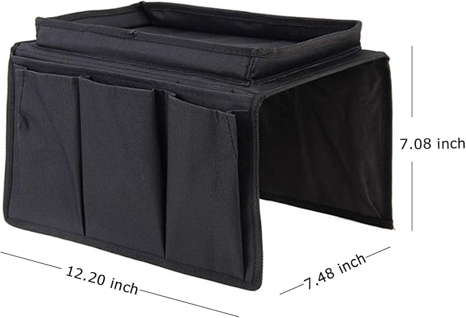 Sofa Armrest Organizer, Couch TV Remote Storage Organizer with Pockets for Recliner Armchair Snacks Glasses Smartphone Magazines Pouch (Black)
