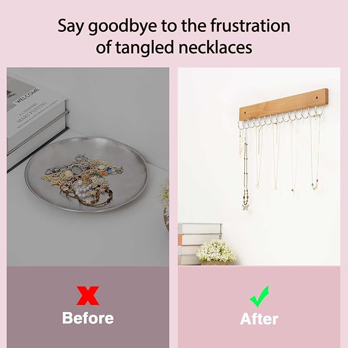 Wall Mounted Necklace Holder, Farmhouse Style Necklace Holder, Tangle Free Wall Jewelry Organizer with 28 Hooks(2 Packs,Natural)