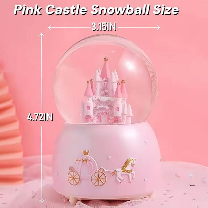 Pink Castle Snow Globes, Girls Music Snowglobes with LED 7 Colors Lights, Automatic Snow Fall Effect, Home Decor for Kids Room Essentials, Gifts for Birthday Christmas Valentines Mother's Day (Pink)