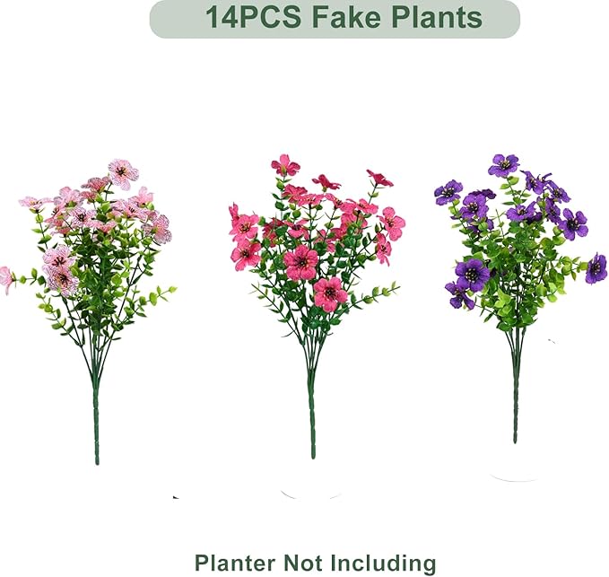 Artificial Flowers for Outdoor, UV Resistant Fake Silk Flowers, Realistic Faux Plants for Outside Indoor Porch Patio Window Box Planter Home Decor (14, Purple Rosy Pink)