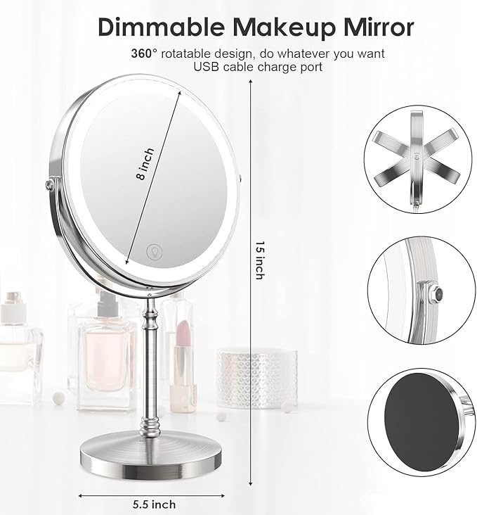 DEIOVWXS Makeup Mirror, 3000mAh Rechargeable Double-Sided Magnifying Vanity Mirror with 3 Colors, 1X/10X, Adjustable Brightness, Gifts for Mom, Mothers Day, Women, Wife, Girls, Dorm Room Essential
