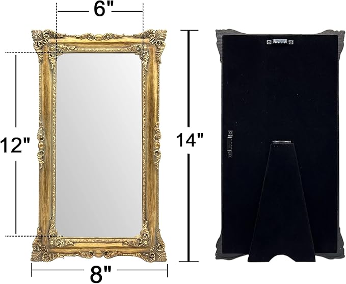 Gold Vintage Mirror 8x14 Inch, Antique Ornate Decorative Mirror for Desk & Wall, Small Vanity Mirror for Makeup Wall Decor, Antique Gold
