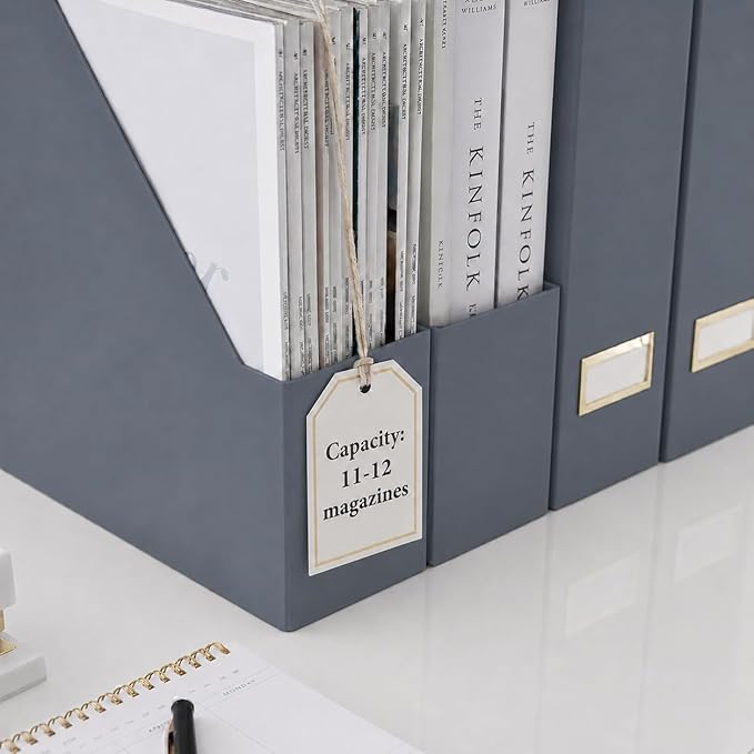 BLU MONACO | Set of 6 Foldable Grey Magazine File Holders with Gold Label Holders | Vertical File Organizer Boxes for Desk, Bookshelf & Home Office Storage