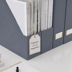 BLU MONACO | Set of 6 Foldable Grey Magazine File Holders with Gold Label Holders | Vertical File Organizer Boxes for Desk, Bookshelf & Home Office Storage