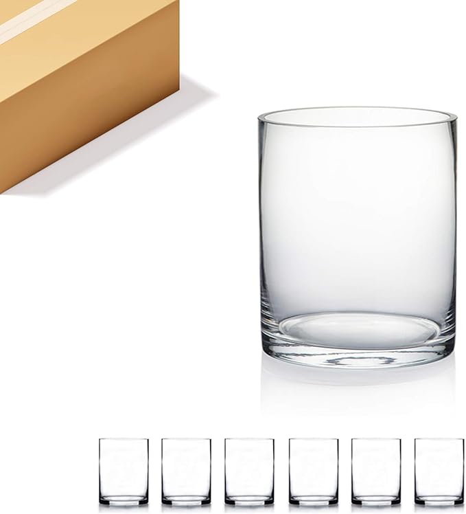WGV Cylinder Vase Bulk, Diameter 5", Height 6", Clear Glass Floral Planter Container, Floating Candle Holder for Wedding Party Event Home Office Decor, 6 Pieces