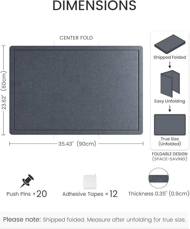 Fluxynara Bulletin Board,35.4" x 23.6" Cork Board Alternative with 12 Safe Removable Adhesive Tabs, Foldable Felt Pin Board for Home Office, Classroom, Bedroom,Entryway for Walls—Navy Blue