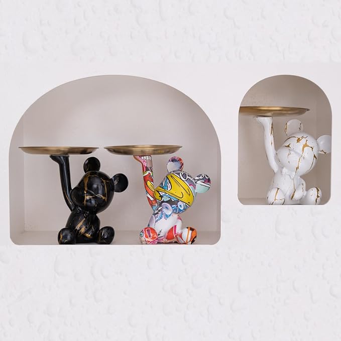 Key Holder Bowl Tray For Office Desk, Decorative Animal Bear Sculpture Home Decor Statue, Storage Tray For Entryway Table (Black & Gold)