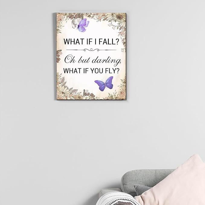 Inspirational Purple Butterfly Wall Art Decor, What If You Fly Motivational Quote Canvas Painting Artwork Picture Posters for Teens Room Bedroom Office (11.5 X 15 Inches, Framed)