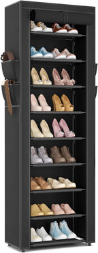 LANTEFUL Narrow Shoe Rack with Cover 10 Tier Tall Shoe Rack Organizer Large Capacity Shoe Shelf Storage 18-22 Pairs Space Saving Free Standing Shoe Storage Organizer for Closet, Entryway, Dorm, Black