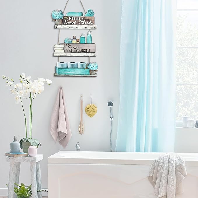 Dazzlewall 3pcs Farmhouse Bathroom Wooden Wall Decor, Turquoise Vintage Floral Bathroom Accessories Wood Hanging Sign Rustic Blue Toilet Plaque Decor, 15.3x10.2 in