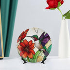 Hummingbird Theme Decorative Ceramic Plate Round Porcelain Plate,10 inch,Floral Rainbow Glass Pattern,for Decorative Ornaments Giving Plates,1 Plate with 1 Display Stand,Red Purple
