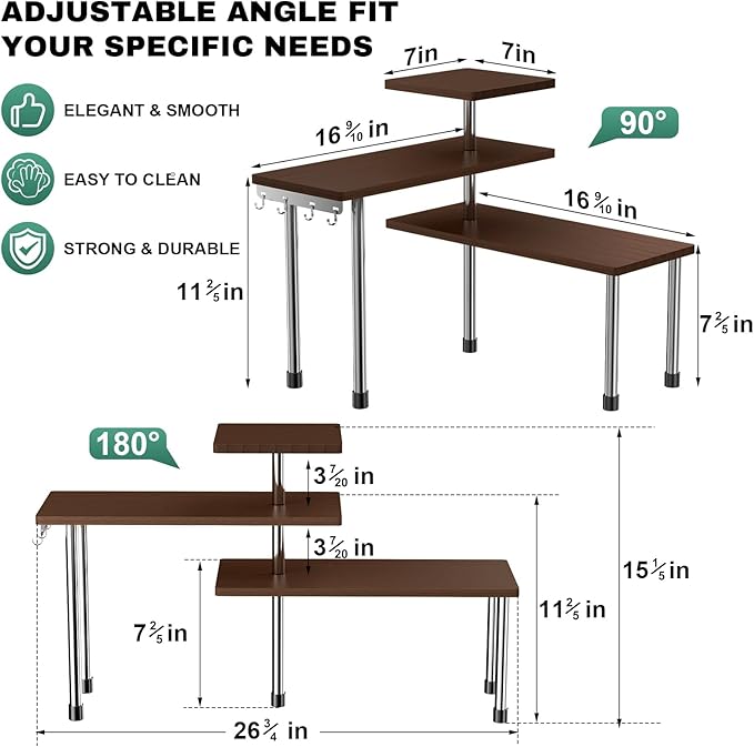 ZHWS Bathroom Counter Organizer for MakeUps, Dresser Table, Kitchen Countertop Organizer Adjustable 3 Tier Corner Shelf with 4 Metal Hooks for Coffee Bar, Spice Rack, Over Sink