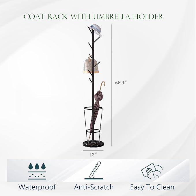 Metal Umbrella Stand with Coat Rack,Modern Umbrella Holder for Entryway,Freestanding Umbrella Rack with Marble Base,Tall Umbrella Storage for Indoor Outdoor Patio(66.9″, Gold Black)