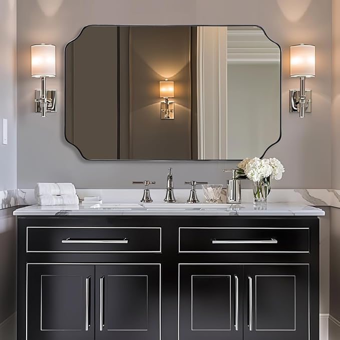 ANDY STAR 30x48 Inch Brushed Nickel Mirror, Large Silver Rectangle Mirror, Unique Scalloped Edge Design with Anti-Rust Stainless Steel Metal 1’’ Frame, Wall Mounts Vertically or Horizontally
