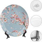 Japanese Spring Theme Decorative Ceramic Plate Round Porcelain Plate,Sakura Tree Branches Pattern,for Decorative Ornaments Giving Plates, 1 Plate with 1 Display Stand,Blue Pink,7 inch