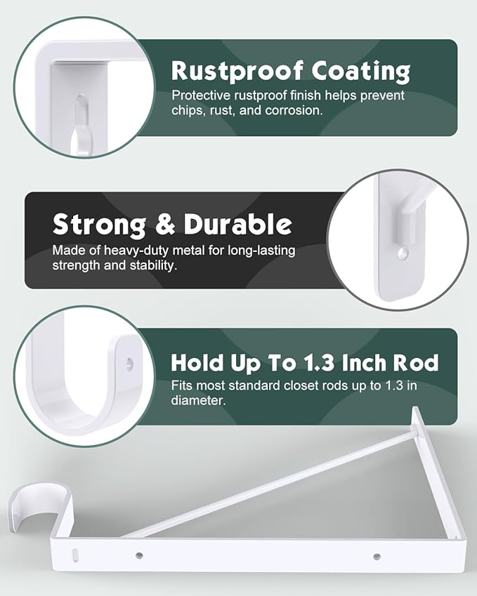 6 Pack Closet Rod Bracket, Heavy Duty Closet Rod Support with Rod Holder, Wall Mounted Closet Shelf Brackets with Triangle Stabilizing Design for Closet, Bathroom and Kitchen, White