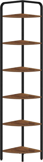 Hzuaneri Corner Shelf Stand, Corner Bookshelf, Plant Shelf, Corner Display Rack, Standing Shelf with Metal Frame for Living Room, Bathroom, Kitchen, Industrial Style, 6 Tier Rustic Brown CS06601B