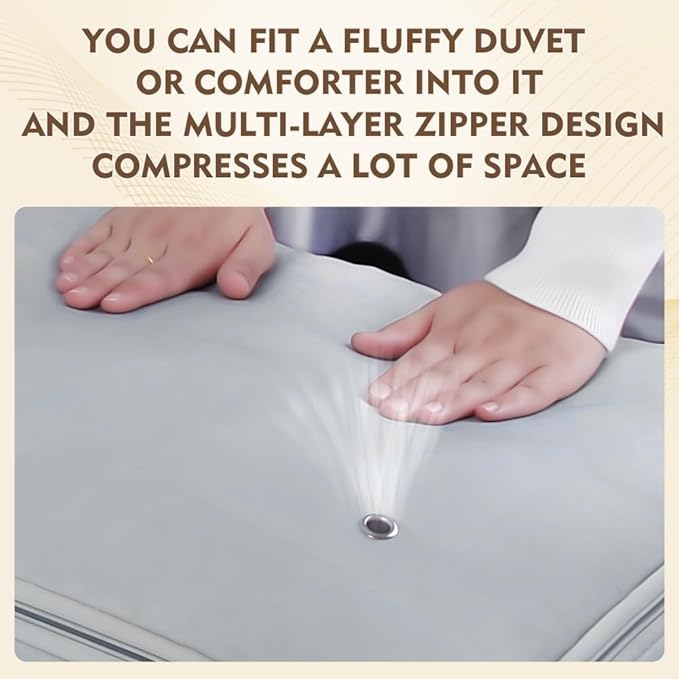 Space saver bag,for quilts, duvets or other fluffy clothing.Measures 21"L x 16.5"W x 21.2"H when unfolded and 21"L x 16.5"W x 10"H when compressed.Light Gray.