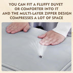 Space saver bag,for quilts, duvets or other fluffy clothing.Measures 21"L x 16.5"W x 21.2"H when unfolded and 21"L x 16.5"W x 10"H when compressed.Light Gray.