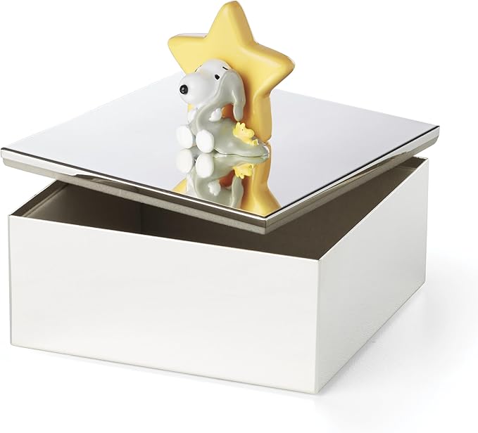 Reed And Barton Home Decor, Little Snoopy Keepsake Box, Made Of Metal, Spot Clean, Room Decor, Organization And Storage Box For Keepsakes & Memories, Peanut Snoopy Design (Silver And Yellow, 1 Piece)