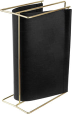 MyGift 15-Inch Modern Black Leatherette & Brass Plated Metal Magazine Holder – Floor Standing Faux Leather Sling Style Newspaper Rack for Home, Bathroom, Office Decor