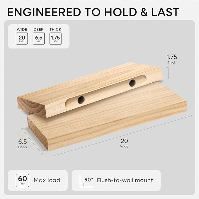 Homeforia 20 inch Natural Floating Shelf, High End Solid Real Wood 20inch Small Floating Shelves for Wall Mounted, Natural Wooden Floating Shelves, Heavy Duty Bracket, 20 X 6.5 X 1.75 in, Set of 4