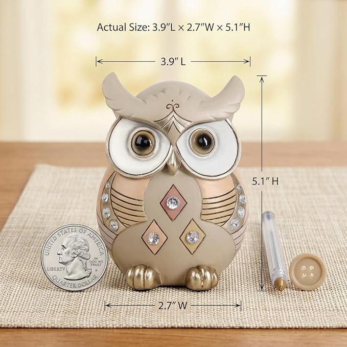 Owl Statue Home Decor, Vintage Resin Figurine with Crystals for Shelf, Boho Decorations for Living Room Office Desk, Unique Gifts for Women Bird Lovers